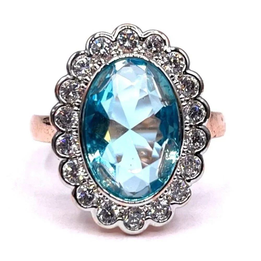 .925 Sterling Silver Rose Gold with Blue and White Cubic Zirconia Ring Size 9
